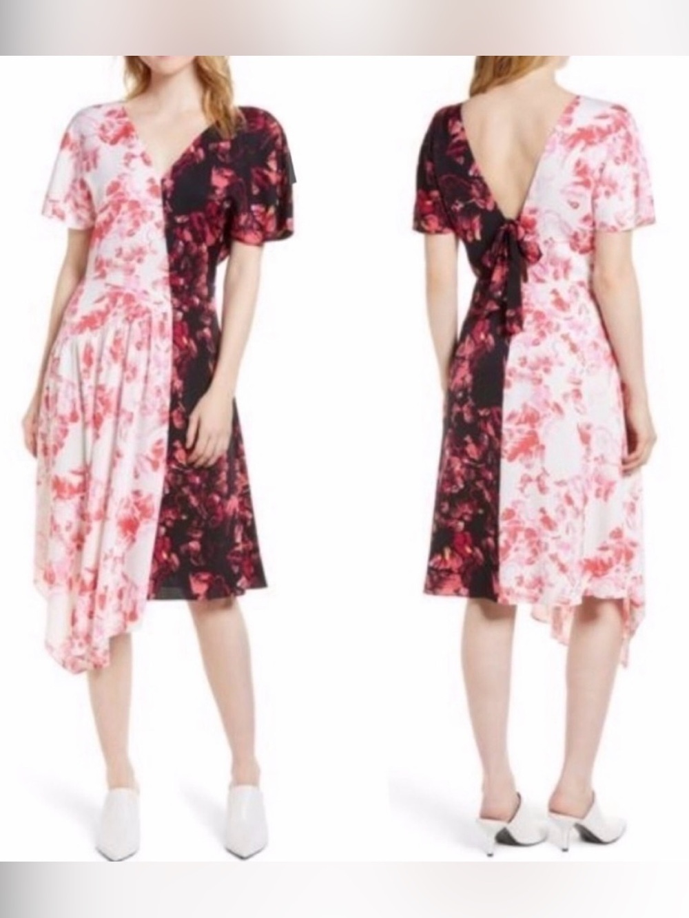 Lewit Double Print Floral Silk
Dress V Neck Asymmetrical Sz 10
Pink Black White